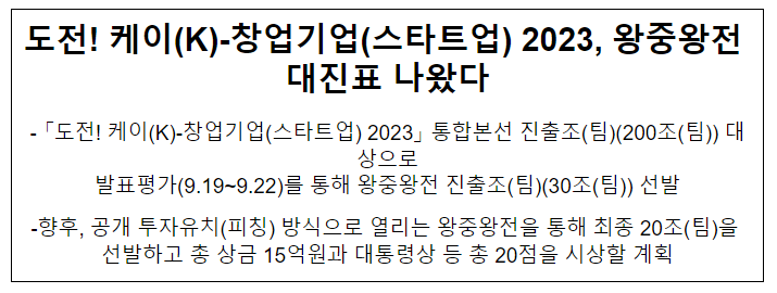 도전! 케이(K)-창업기업(스타트업) 2023, 왕중왕전 대진표 나왔다 도전! 케이(K)-창업기업(스타트업) 2023, 왕중왕전 대진표 나왔다