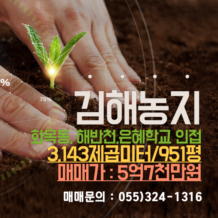  김해 농지 화목동 해반천,김해은혜학교 인접 약951평(3,143),대토 및 경작 추천 매매