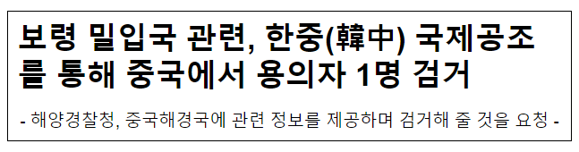 보령 밀입국 관련, 한중(韓中) 국제공조를 통해 중국에서 용의자 1명 검거 보령 밀입국 관련, 한중(韓中) 국제공조를 통해 중국에서 용의자 1명 검거