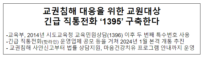 교권침해 대응을 위한 교원대상 긴급 직통전화 ‘1395’ 구축한다 교권침해 대응을 위한 교원대상 긴급 직통전화 ‘1395’ 구축한다