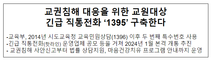 교권침해 대응을 위한 교원대상 긴급 직통전화 ‘1395’ 구축한다