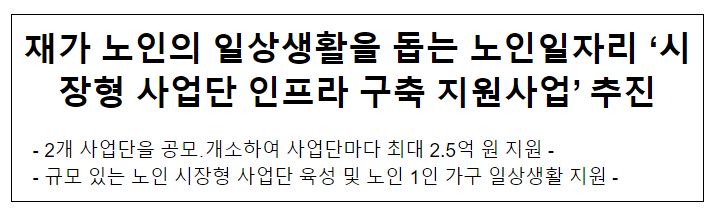 재가 노인의 일상생활을 돕는 노인일자리 ‘시장형 사업단 인프라 구축 지원사업’ 추진 재가 노인의 일상생활을 돕는 노인일자리 ‘시장형 사업단 인프라 구축 지원사업’ 추진