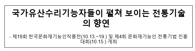 제18회 한국문화재기능인작품전(10.13.~19.) 및 제4회 문화재기능인 전통기법 진흥대회(10.15.) 개최