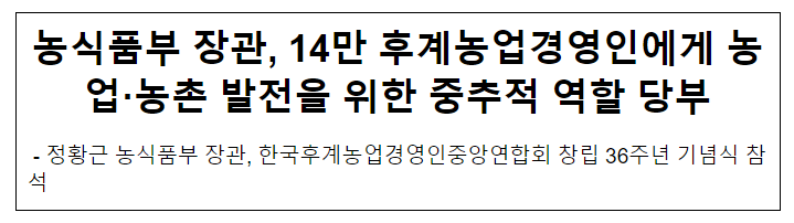 농식품부 장관, 14만 후계농업경영인에게 농업·농촌 발전을 위한 중추적 역할 당부