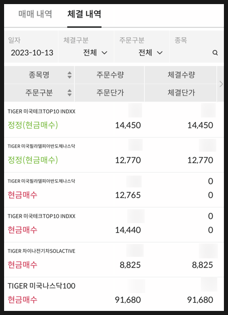 [945] 23년 10월분 ETF 매수완료  : 적립식 분할매수 34개월차 / TIGER ETF (S&P500 · 나스닥100 · 미국테크TOP10 · 필반나 · 차이나전기차)