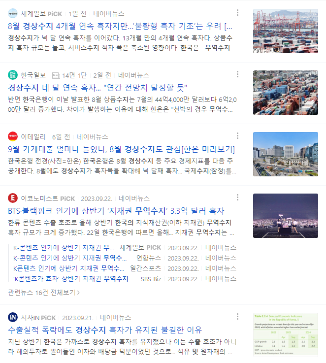2023년 한국 경상수지와 무역수지 모음.