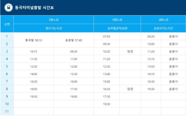  청도 동곡터미널 시간표 2023/10/13
