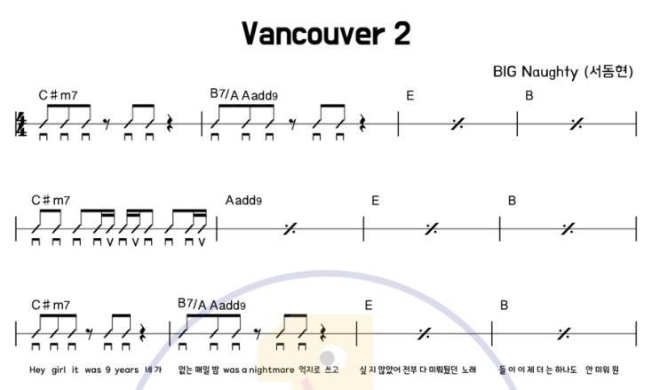파워코드 일렉기타 연습에 좋은 노래 [ vancouver2 밴쿠버 2 - BIG Naughty (서동현) ] 쉬운 기타 코드 악보 타브