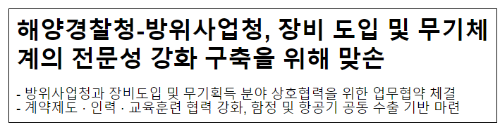 해양경찰청-방위사업청, 장비 도입 및 무기체계의 전문성 강화 구축을 위해 맞손 해양경찰청-방위사업청, 장비 도입 및 무기체계의 전문성 강화 구축을 위해 맞손