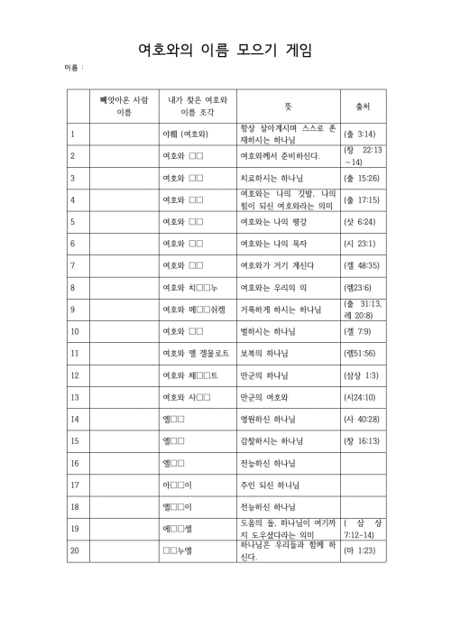 여호와의 이름 모으기 게임 여호와의 이름 모으기 게임