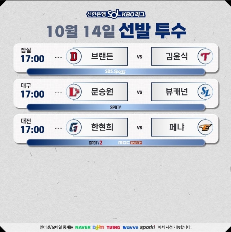  10/14일 KBO 야구 일정 : 순위 순위싸움 가을야구 5강 꼴찌