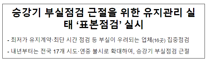 승강기 부실점검 근절을 위한 유지관리 실태 ‘표본점검’ 실시