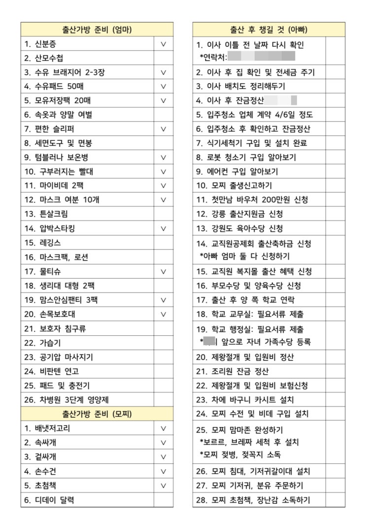  ‘출산 준비물 리스트’ - 출산가방 및 출산 후 아빠가 할 일 (+한글파일 첨부)
