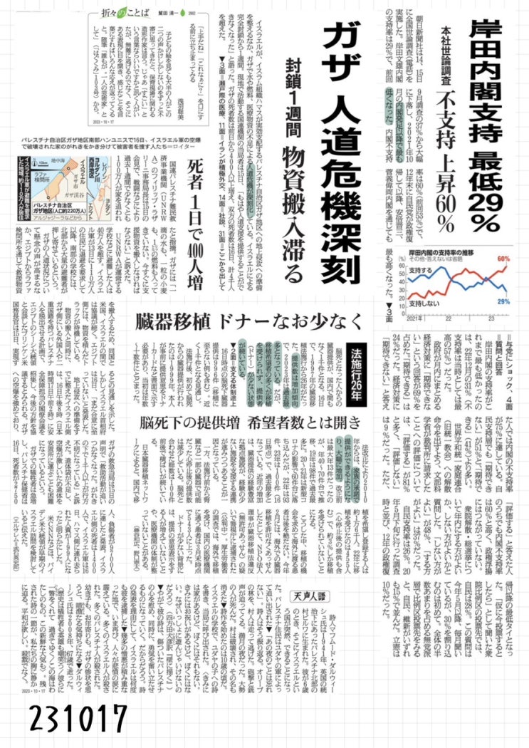 [231017 화] 아사히, 닛케이(일본경제) 신문 스크랩