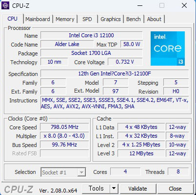  인텔 코어i3-12세대 i3-12100F 엘더레이크 cpu-z