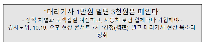 경사노위, 10.19. 오후 현장 콘서트 7차 ‘경청(傾聽)’ 열고 대리기사 현장 목소리 청취 경사노위, 10.19. 오후 현장 콘서트 7차 ‘경청(傾聽)’ 열고 대리기사 현장 목소리 청취