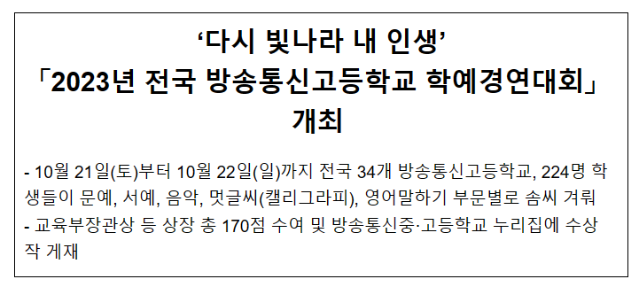 「2023년 전국 방송통신고등학교 학예경연대회」 개최 「2023년 전국 방송통신고등학교 학예경연대회」 개최