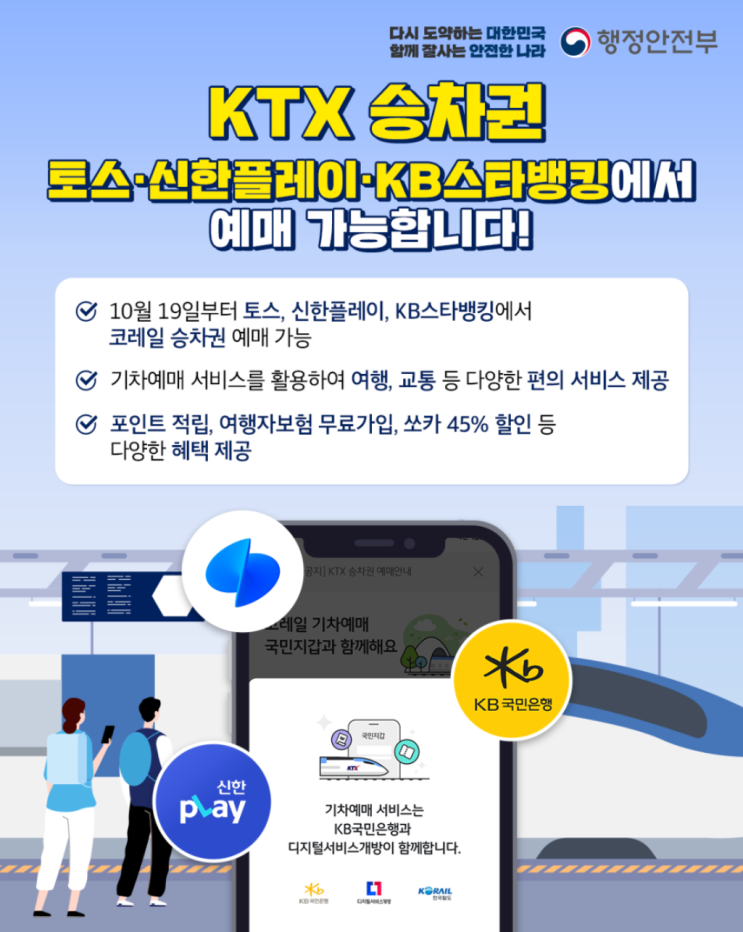 [정보/KTX승차권예매법] 코레일 한정이었던 KTX예매가 토스·신한플레이·KB스타뱅킹에서도 가능해요!