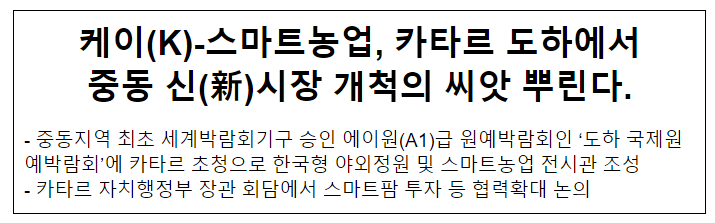 케이(K)-스마트농업, 카타르 도하에서 중동 신(新)시장 개척의 씨앗 뿌린다. 케이(K)-스마트농업, 카타르 도하에서 중동 신(新)시장 개척의 씨앗 뿌린다.