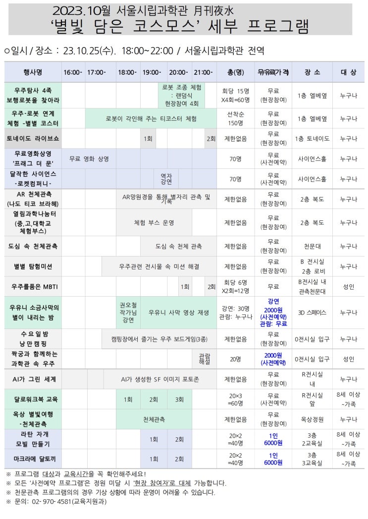  가을철 별자리 관측하고, 우주 보드게임하고… 10.25(수), 야간과학관이 찾아온다