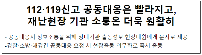 112·119신고 공동대응은 빨라지고,재난현장 기관 소통은 더욱 원활히 112·119신고 공동대응은 빨라지고,재난현장 기관 소통은 더욱 원활히