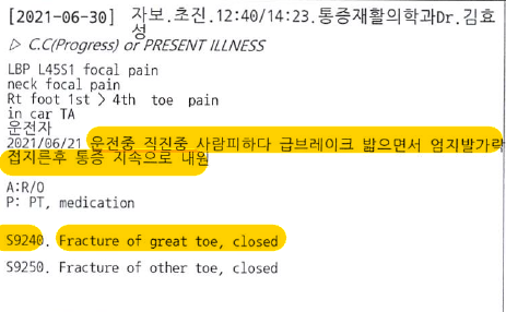  [교통사고전문변호사] 차량단독사고, 엄지발가락골절(S9240) 자동차상해_보험금청구