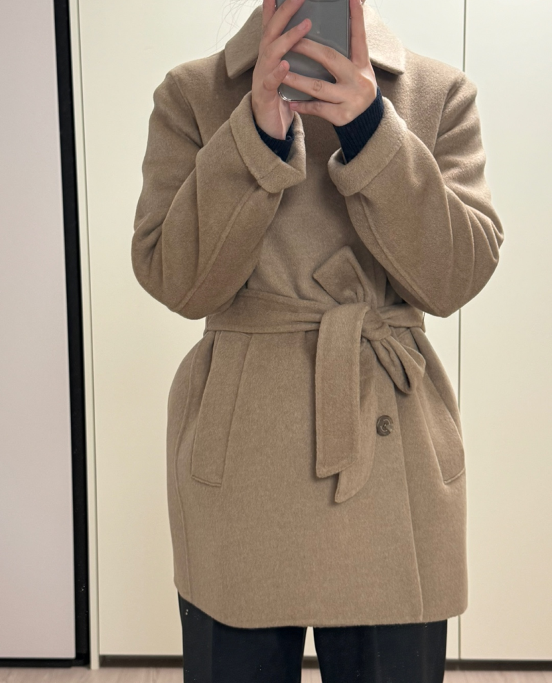 빈폴 레이디스 울 캐시미어 벨티드 핸드메이드 미디엄 코트 - 카멜