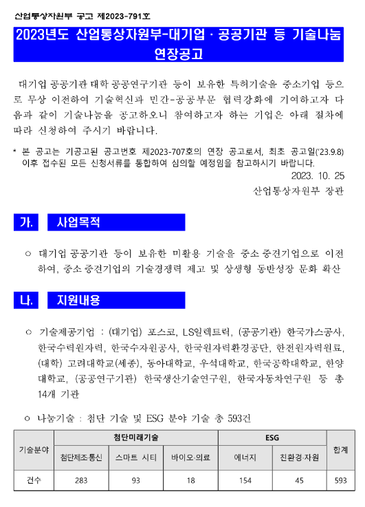 2023년 산업통상자원부-대기업ㆍ공공기관 등 기술나눔 연장 공고