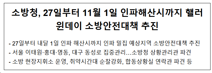 27일부터 11월 1일 인파해산시까지..핼러윈데이 소방안전대책 추진 27일부터 11월 1일 인파해산시까지..핼러윈데이 소방안전대책 추진