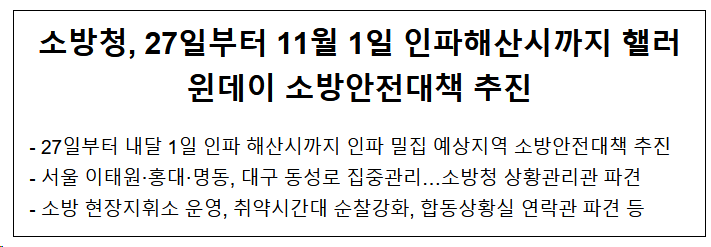 27일부터 11월 1일 인파해산시까지..핼러윈데이 소방안전대책 추진