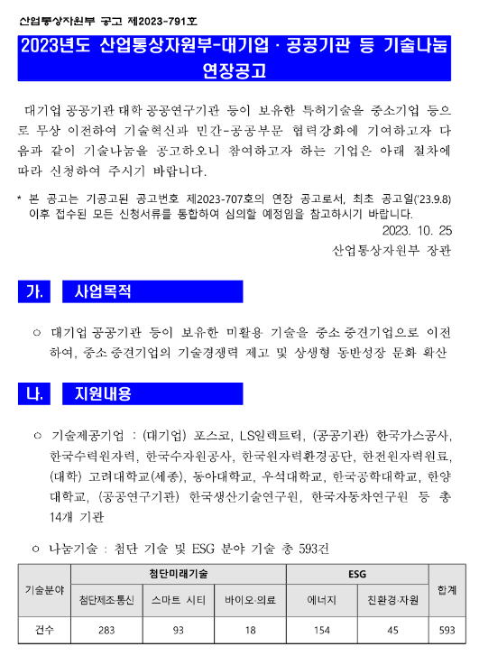 2023년 산업통상자원부-대기업ㆍ공공기관 등 기술나눔 연장 공고 2023년 산업통상자원부-대기업ㆍ공공기관 등 기술나눔 연장 공고