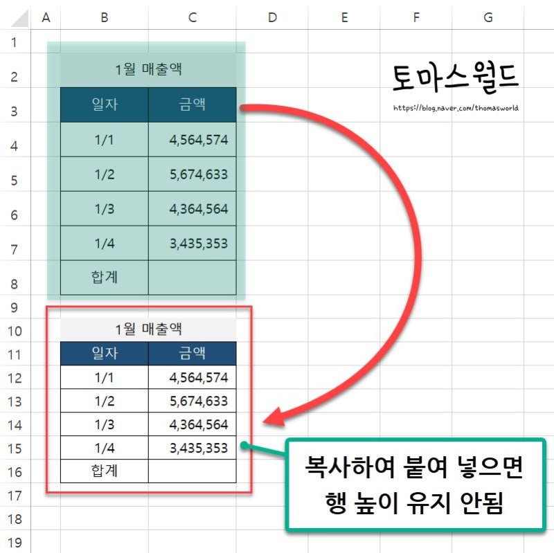 EXCEL(엑셀) 행 높이 그대로 복사하기, 행 높이까지 복사하는 방법 : 네이버 블로그