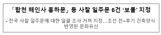「합천 해인사 홍하문」 등 사찰 일주문 6건 ‘보물’ 지정