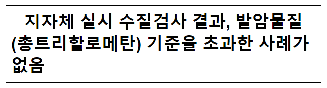 지자체 실시 수질검사 결과, 발암물질 (총트리할로메탄) 기준을 초과한 사례가 없음