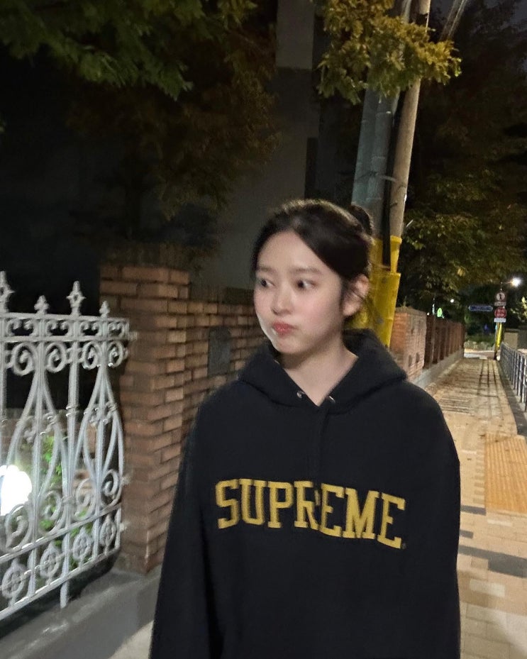 김민주가 착용한 슈프림 후드 스웨트셔츠 23F/W 신상 후드티 코디 김민주가 착용한 슈프림 후드 스웨트셔츠 23F/W 신상 후드티 코디