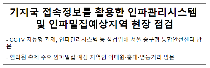기지국 접속정보를 활용한 인파관리시스템 및 인파밀집예상지역 현장 점검 기지국 접속정보를 활용한 인파관리시스템 및 인파밀집예상지역 현장 점검