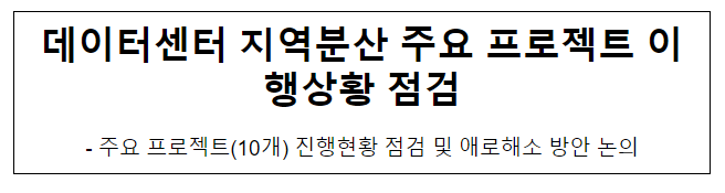 데이터센터 지역분산 주요 프로젝트 이행상황 점검 데이터센터 지역분산 주요 프로젝트 이행상황 점검