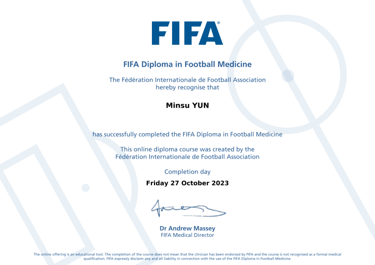 FIFA diploma in football medicine / 국제축구연맹 스포츠전문의