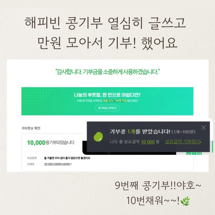  해피빈 콩기부 만원씩모아서 기부하기 9번째 기부했어요