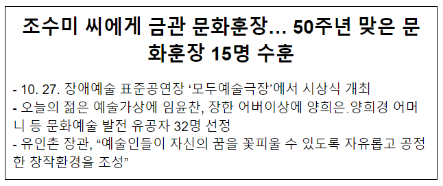 조수미 씨에게 금관 문화훈장… 50주년 맞은 문화훈장 15명 수훈 조수미 씨에게 금관 문화훈장… 50주년 맞은 문화훈장 15명 수훈