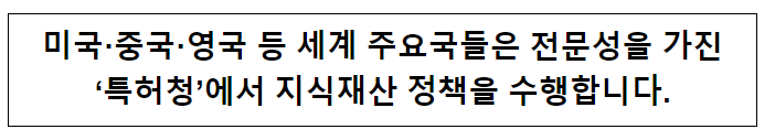 미국, 중국, 영국 등 세계 주요국들은 전문성을 가진 '특허청'에서 지식재산 정책을 수행합니다 미국, 중국, 영국 등 세계 주요국들은 전문성을 가진 '특허청'에서 지식재산 정책을 수행합니다