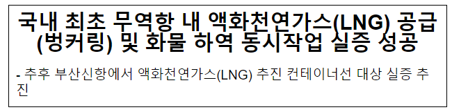 국내 최초 무역항 내 액화천연가스(LNG) 공급(벙커링) 및 화물 하역 동시작업 실증 성공 국내 최초 무역항 내 액화천연가스(LNG) 공급(벙커링) 및 화물 하역 동시작업 실증 성공