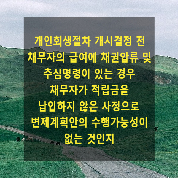  개인회생절차 개시결정 전 채무자의 급여에 채권압류 및 추심명령이 있는 경우 채무자가 적립금을 납입하지 않고 있다는 사정으로 변제계획안의 수행가능성이 없는 것인지