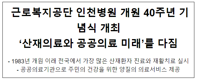 근로복지공단 인천병원 개원 40주년 기념식 개최 ‘산재의료와 공공의료 미래’를 다짐