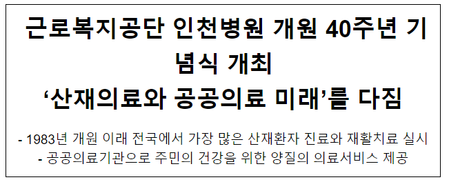 근로복지공단 인천병원 개원 40주년 기념식 개최 ‘산재의료와 공공의료 미래’를 다짐 근로복지공단 인천병원 개원 40주년 기념식 개최 ‘산재의료와 공공의료 미래’를 다짐