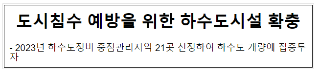 도시침수 예방을 위한 하수도시설 확충, 2023년 하수도정비 중점관리지역 21곳 선정하여 하수도 개량에 집중투자 도시침수 예방을 위한 하수도시설 확충, 2023년 하수도정비 중점관리지역 21곳 선정하여 하수도 개량에 집중투자