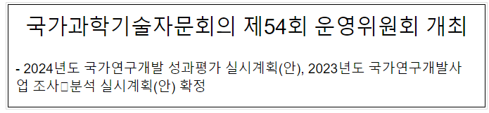 국가과학기술자문회의 제54회 운영위원회 개최,2024년도 국가연구개발 성과평가 실시계획(안), 2023년도 국가연구개발사업 조사분석 실시계획(안) 확정