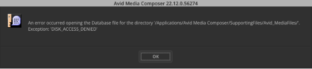 Media Composer 실행 시 데이터베이스 파일 오류 DISK_ACCESS_DENIED | T-Rex 티-렉스