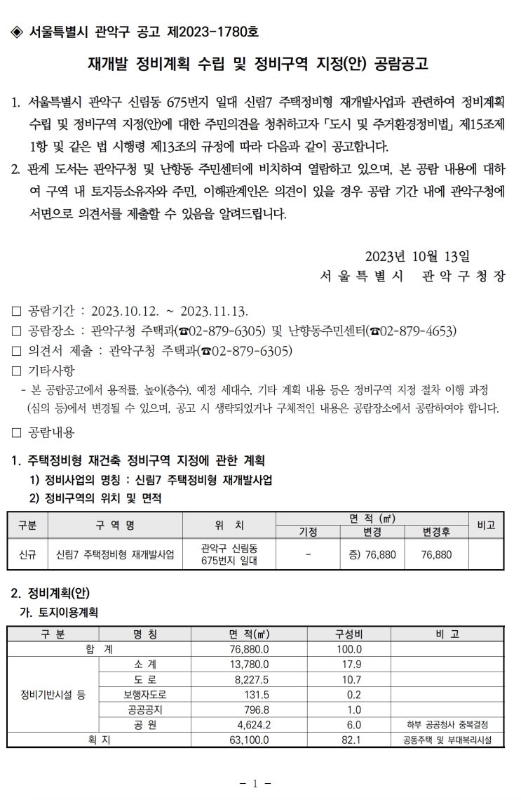  신림7 주택정비형 재개발 정비계획 수립 및 정비구역 지정(안) 공람공고