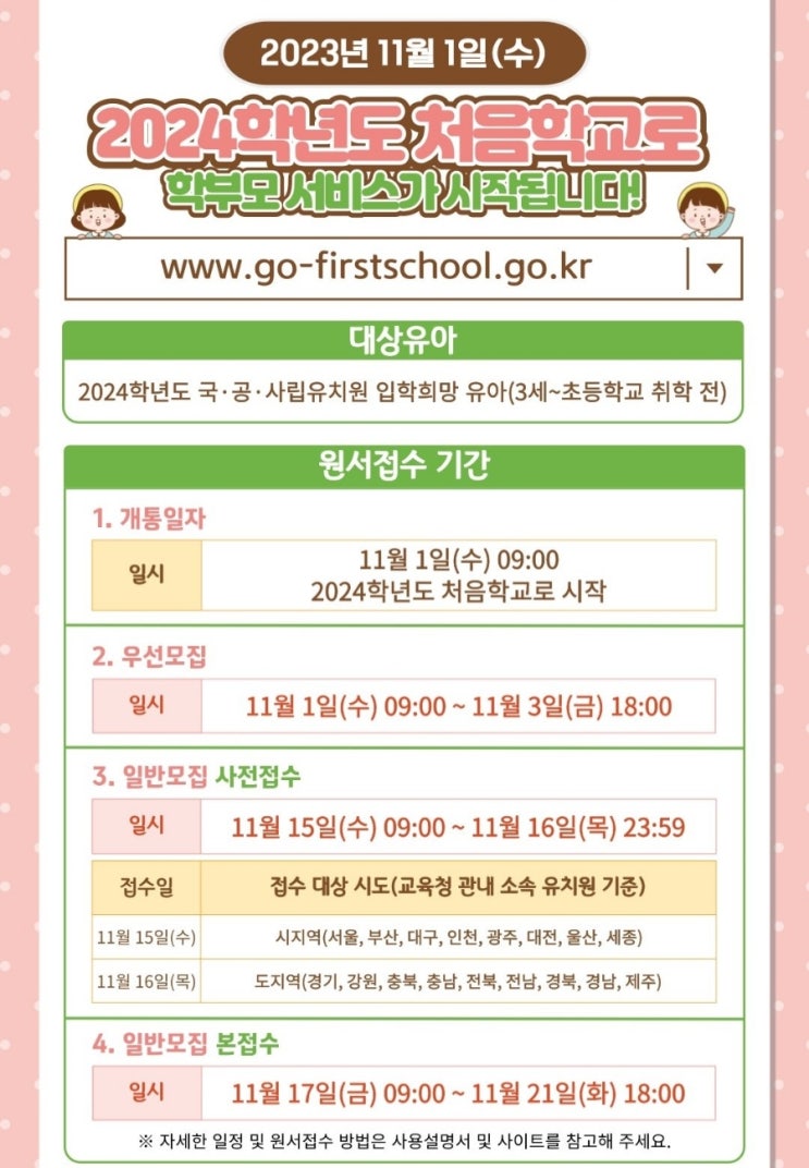  2024년 공립,사립유치원 입학 신청,처음 학교로 시작(11월 1일 오전 9시)/우선모집 대상,기간/일반모집 사전접수 기간,방법/일반모집 본접수 기간